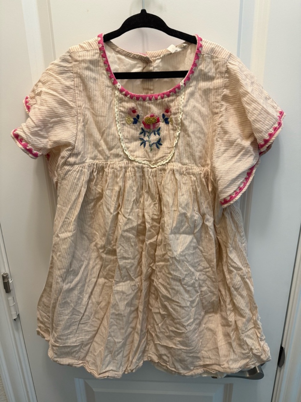 Girls Cream Embroidered Casual Dress with Pink Trim